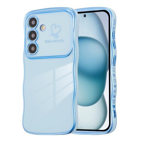 DEFBSC Case for Samsung Galaxy S24/S25 Case, Curly Wave Shape Plating Frame Cute Love Heart Cover for Girls Women, Full Camera Lens Protection Soft Durable TPU Shockproof Bumper, Blue