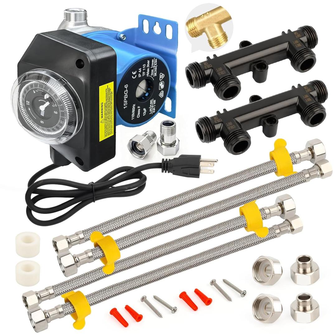 Upgraded Instant Hot Water Recirculation Pump Replacement Kit for watts 0955805 and grundfos 595916, with Programmable Timer  2 Brass Sensor Valves (595926), 4 Supply Lines, 4 Adapters