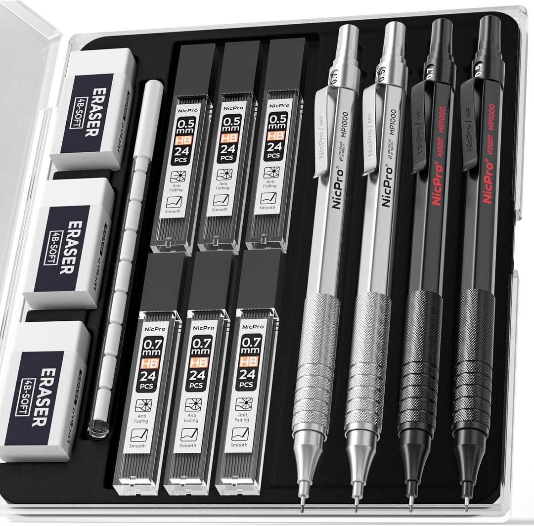 Nicpro 4 PCS Metal Mechanical Pencil Set 0.5 mm & 0.7mm with Case, Artist Pencil MP1000 with 6 Tubes HB Lead Refill, 3 Eraser, 9 Eraser Refill For Art Writing Drafting Drawing,Black & Silver