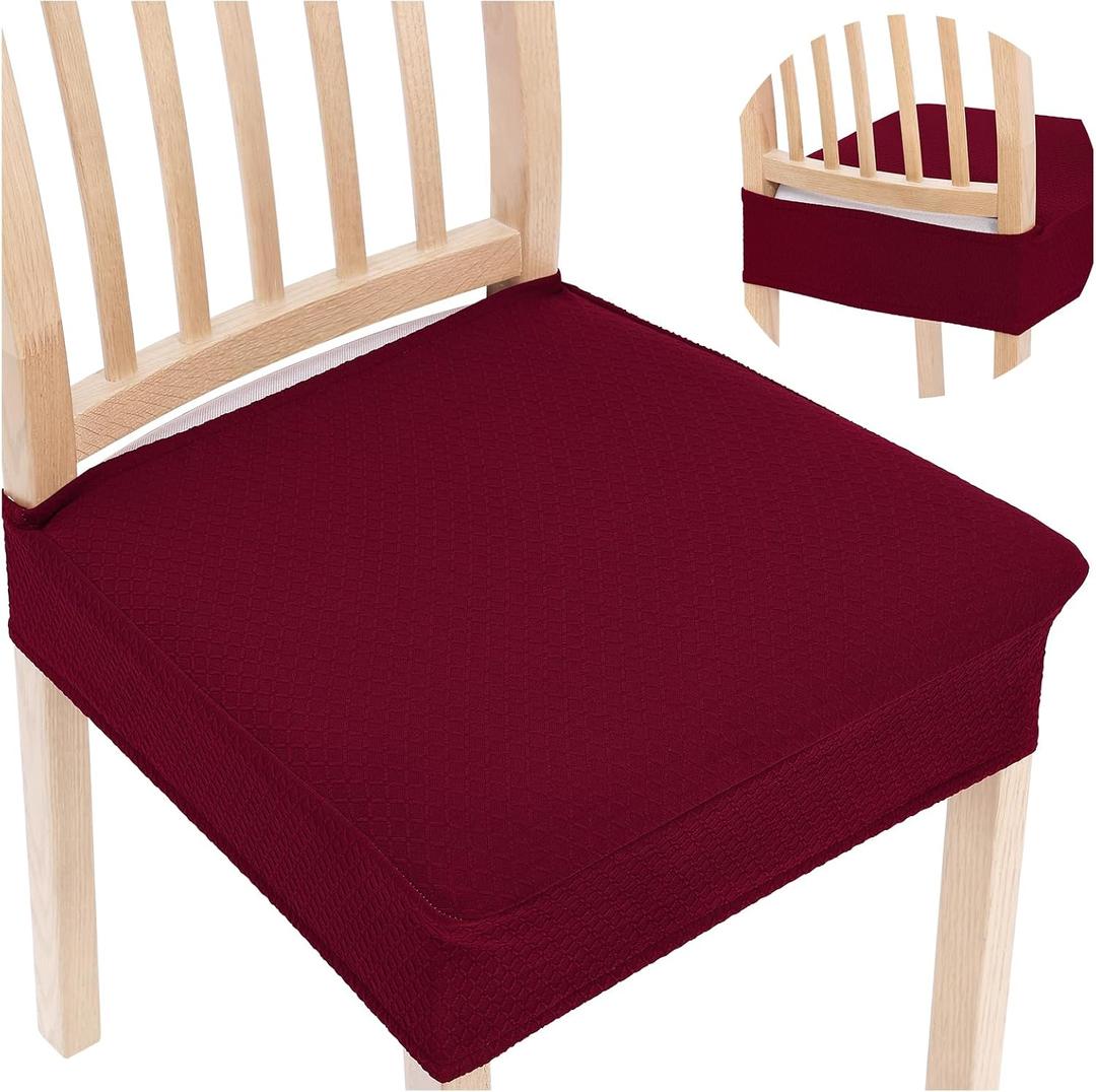 Smiry Stretch Jacquard Seat Covers for Dining Room Chairs Set of 6, Removable Washable Chair Seat Protector Slipcovers, No Rear Covers, Wine Red