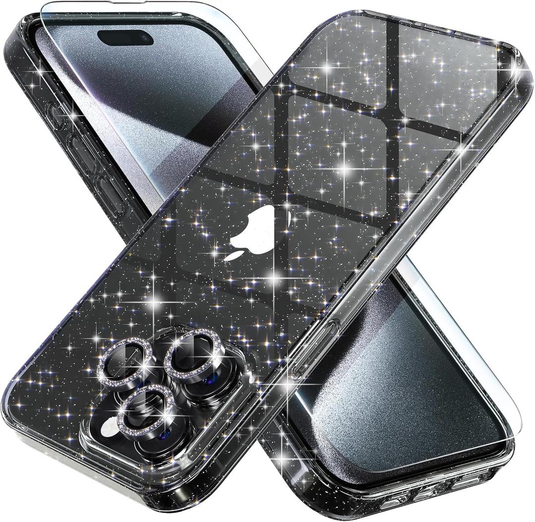 Choiche Compatible for iPhone 15 Pro Max Case Women Phone Case, Cute Bling Sparkly, Military Grade Protection, 3 Diamond Camera Lens Covers, 2 Tempered Glass Protectors, 6.7 inch (Glitter Black)