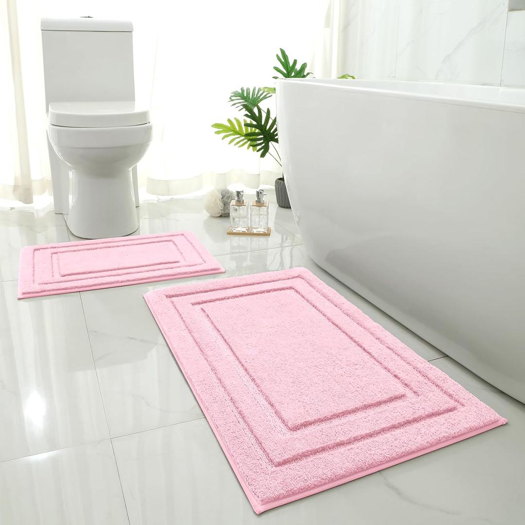 HOMEIDEAS Pink Bathroom Rug, 2 Piece Super Soft Microfiber and Absorbent Shower Mat, Machine Washable Bath Mats for Valentine's Day Decorations, 20" x 32" + 16" x 24" (Loop- Light Pink)