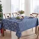 Newbridge Fancy Metallic Snowflake Christmas Fabric Tablecloth, 60 x 144 Inch Rectangle, Navy Silver, No-Iron Soil Resistant Sparkling Snowflakes Woven Holiday Table Cover