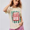 RoseSeek Women's Star Graphic Letter Print Tee Tops Casual Crewneck Short Sleeve T Shirt (Beige, L)