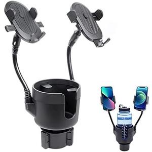 JINKEY Dual Cup Holder Phone Mount for Car2-in-1 Adjustable Gooseneck Cradle with 360 Rotation Heavy Duty Universal Automobile Stand for Most 4"-6.7" i-Phone Mobile-Phone Holder