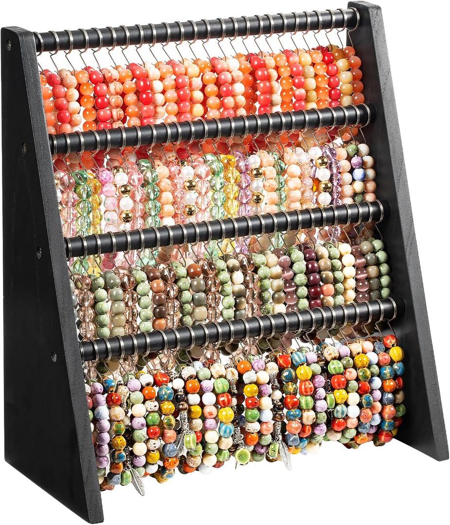 4 Tier Bracelet Holder Stand with 100 Hooks, Wooden Bracelet Display Organizer Rack for Jewelry, Home, Vendors and Store Display (Black)