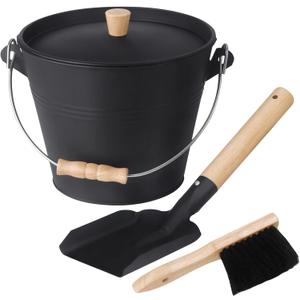 GameXcel Ash Bucket with Lid and Shovel Hand Broom - 1.5 Gallon Galvanized Iron Metal Fireplace Tools Ash Pail for Fire Places Fire Pits Wood Burning Stoves Hearth Accessories Indoor Outdoor, Black
