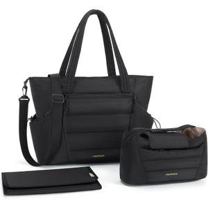 mommore Diaper Bag Tote with Stroller Organizer Puffer Bag Large Capacity Baby Bag with Changing Pad for Travel, Hospital (Black)