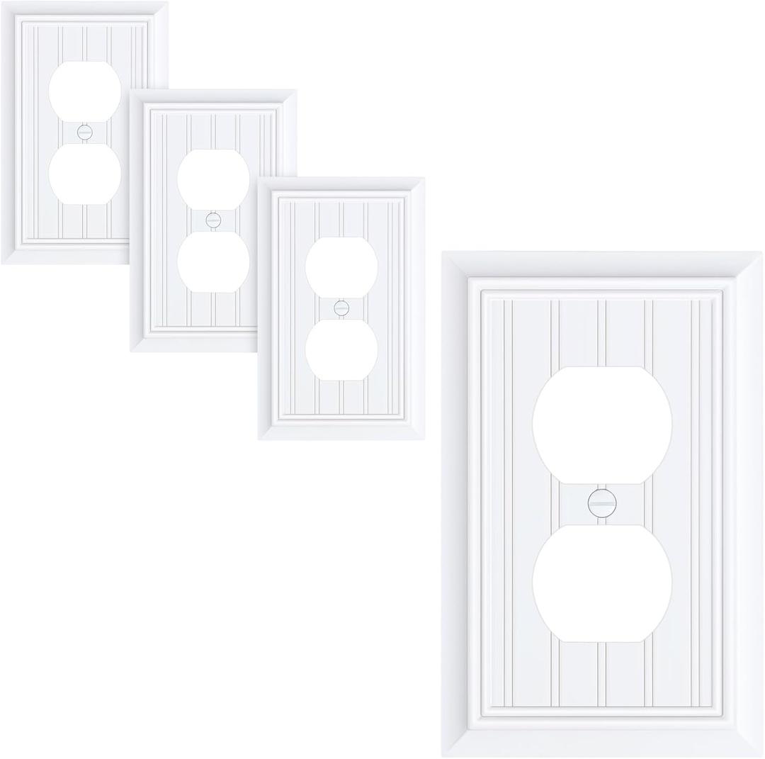 4-Pack Classic Beadboard Duplex Outlet Cover Plate, Decorative Pure White Switch Plates and Outlet Covers, Natural Bamboo Fiber Wall Plates for Electrical Outlets, 1 Gang Receptacle Cover