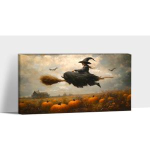 ANRUOXI Witch Halloween Pictures Wall Decor, Framed Witch Halloween Canvas Wall Art Poster Prints Painting Artwork for Living Room Hallway Mantel Bedroom Bathroom Ready To Hang 12x24''