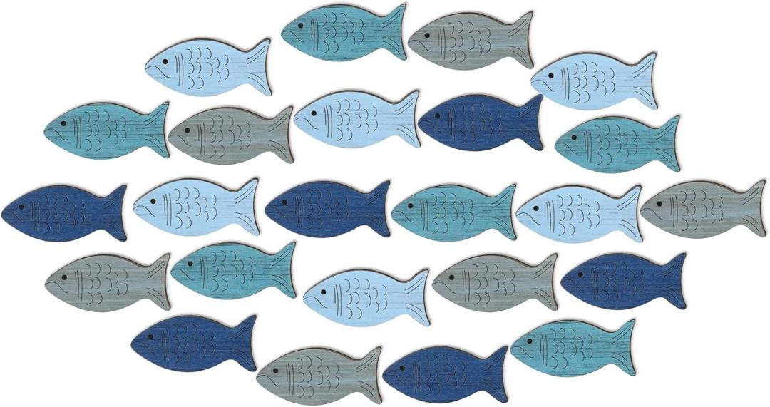 Spiareal 24 Pcs Wooden Fish Wall Decor Nautical Beach Wall Decor, Wood Fish Art Hanging Decorative Coastal Beach Decorations for Home Outdoor Lake House Decoration, 4 Colors(Fresh)