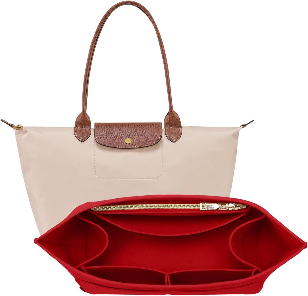 OPPOSHE Purse Organizer Insert for Longchamp Le Pliage, Premium Felt Long Champ Bag Handbag Women, Tote Organizer Insert with 9 Compartments (Medium, Red) (M-10.4 x 5.7 x 7.9in)