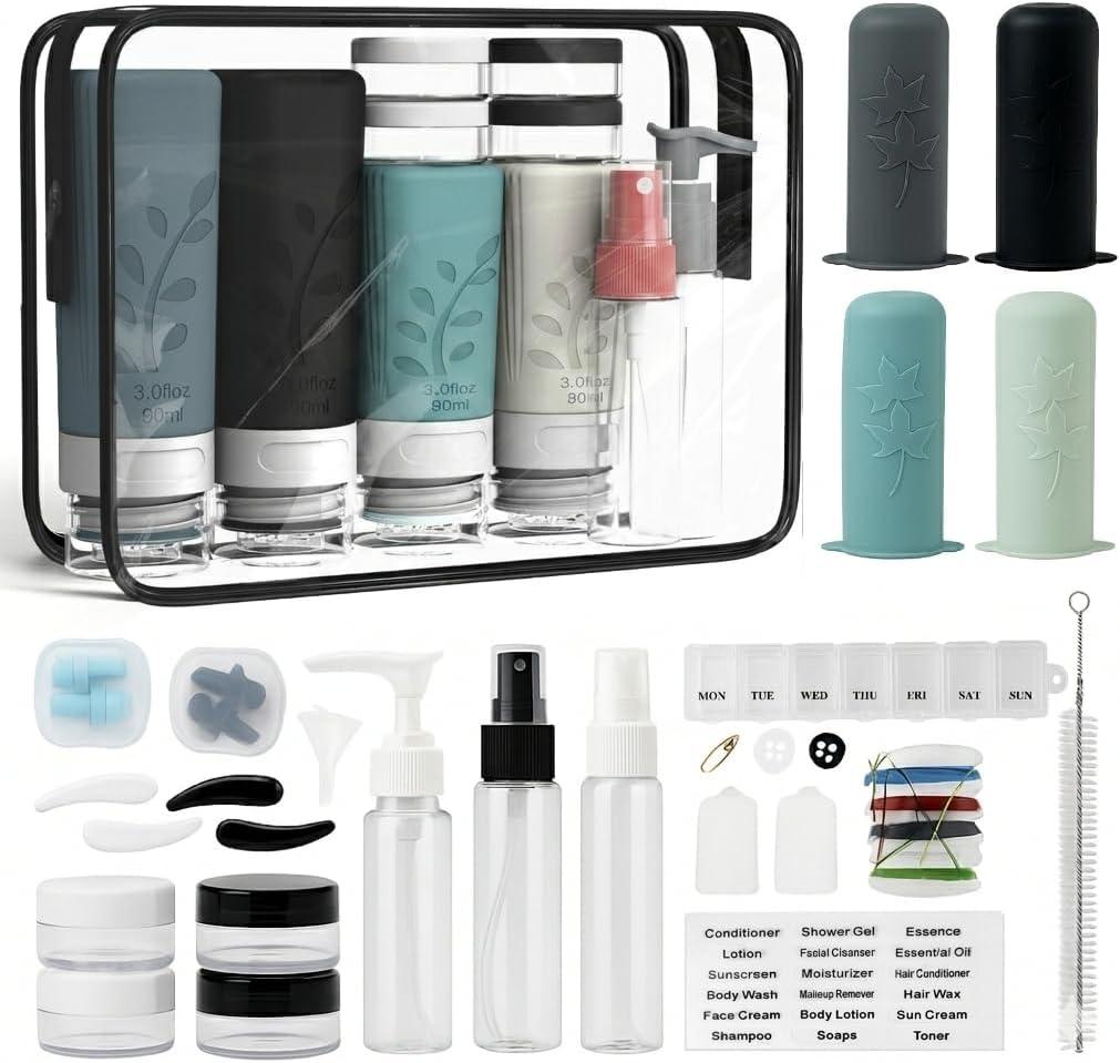 Unigo 30 PACK Travel Bottles Set for Toiletries - Leakproof Refillable Travel Size Containers, TSA Approved Bottles with Labels, Brush & Covers for Carry-On Travel (Gray)