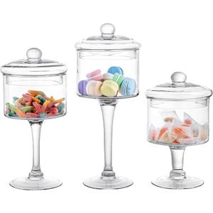 MyGift 3-Piece Clear Glass Apothecary Candy Jar Set with Lids  Decorative Party Display Containers for Wedding Centerpieces, Dessert Tables, Kitchen Counter Storage, and Bathroom Dcor