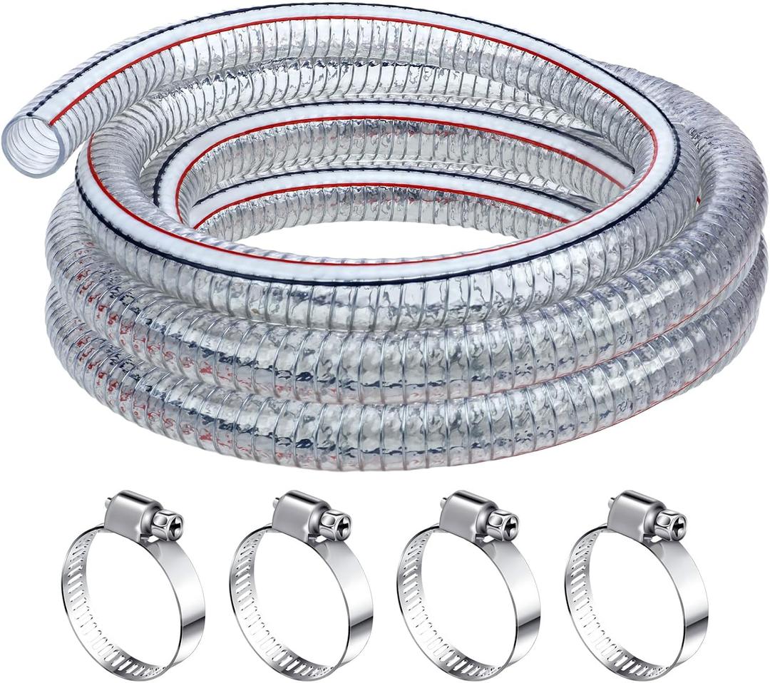Frienda Heavy Duty Steel Wire Flexible Tubing with Fasteners PVC High Pressure Oil Drain Hose Tube Clear Wire Reinforced for Pond Marine Bilge Pump Garden Pool(6.6 Ft, 1-1/2Inch Id)
