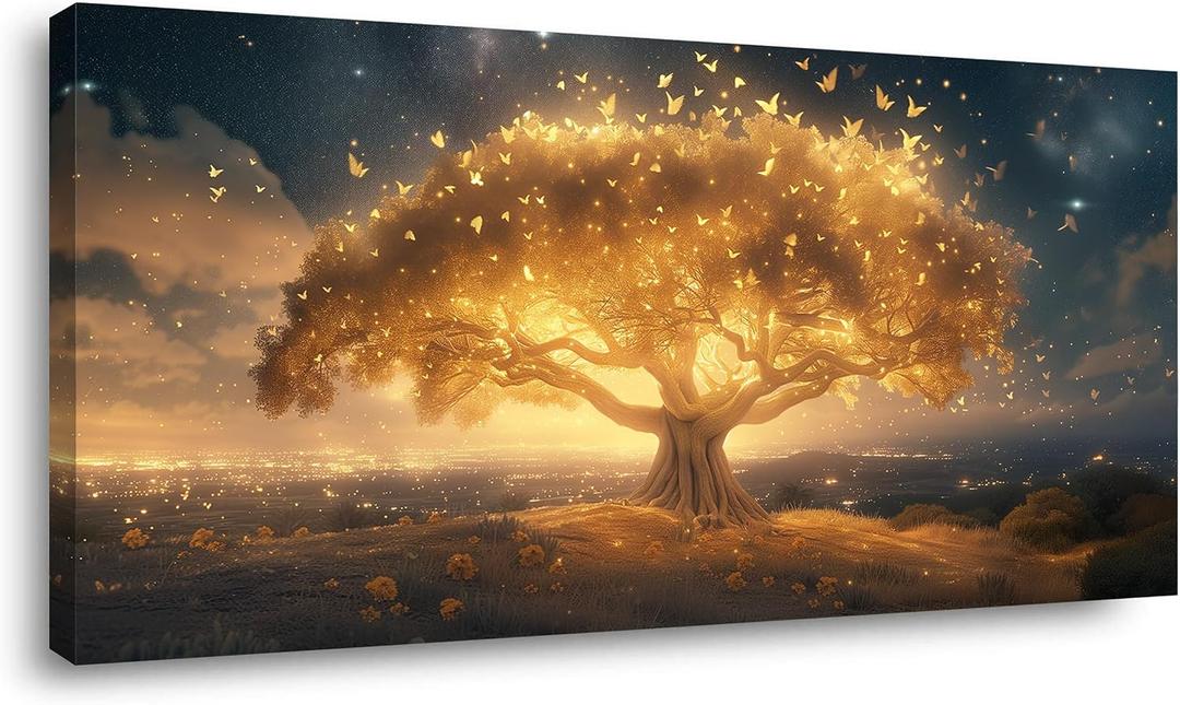 Palderwallart Beautiful Fantasy Tree of Life Landscape Wall Art for Living Room Office Nature Scenery Gold Painting Prints Sunrise Scenic Canvas Artwork Over the Couch Dining (20x40 Inches)