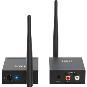 1Mii 2.4Ghz (1 TX + 1 RX) Wireless Audio Transmitter Receiver for TV, 320ft Long Range 20ms Low Delay HiFi Audio, Wireless Adapter Kit for Powered Speaker/Stereo/Soundbar, RCA(3.5mm AUX) Out/Input