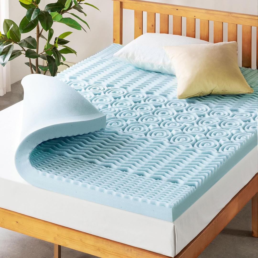 Mellow 4 Inch 5-Zone Memory Foam Mattress Topper, Cooling Gel Infusion, Dorm Essentials, Short Queen Blue