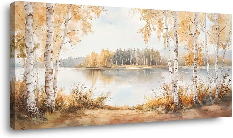 ZESTRILIA Birch Trees Canvas Wall Art for Living Room Office Rustic Scenic Autumn Canvas Artwork Living Room Bedroom Room Decor (40"L x 20"W, Golden Amber)