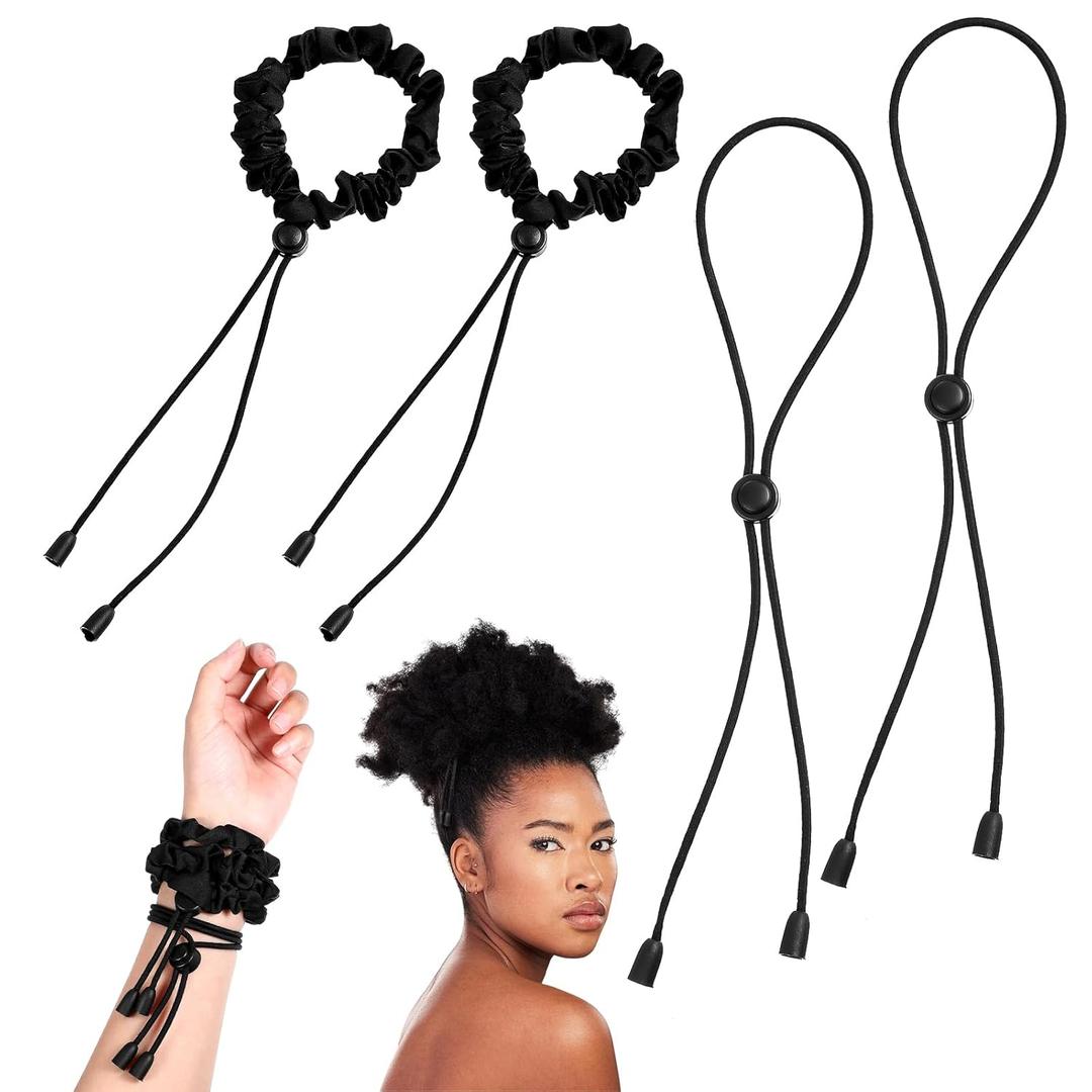 4-Pack Adjustable Satin Hair Ties Set, Black Adjustable Hair Bands for Thick Thin Hair, Afro Puff Ponytail Holders, No-Slip Elastic Hair Ties for Curly Heavy Hair