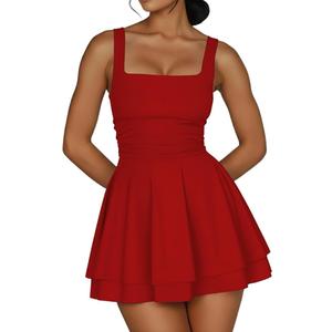 Women's Square Neck Ruffle Hem Mini Dress Ruched Waist Corset Short Party Dresses (Red, S)