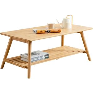 Nnewvante Coffee Table Foldable Bamboo Mid Century Desk TV Stand with Open Storage Shelf Center Table for Living Room Furniture RV No Assembly