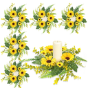 6Pcs Sunflower Wreath for Front Door Artificial Sunflower Spring Summer Table Centerpieces Wreath Fake Yellow Floral Candle Rings Wreaths for Pillars Cabinets Wedding Table Home Décor