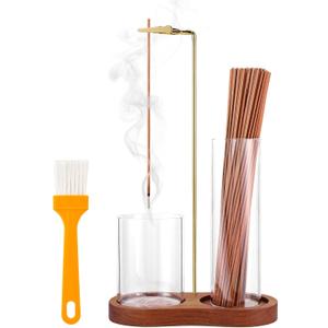 2 in 1 Incense Holder for Sticks with Glass Ash Catcher, Upside Down Anti-Ash Incense Stick Burner for Outdoor Patio, Modern Vertical Incense Holder for Home Decor, Spa, Meditation and Reddish Brown