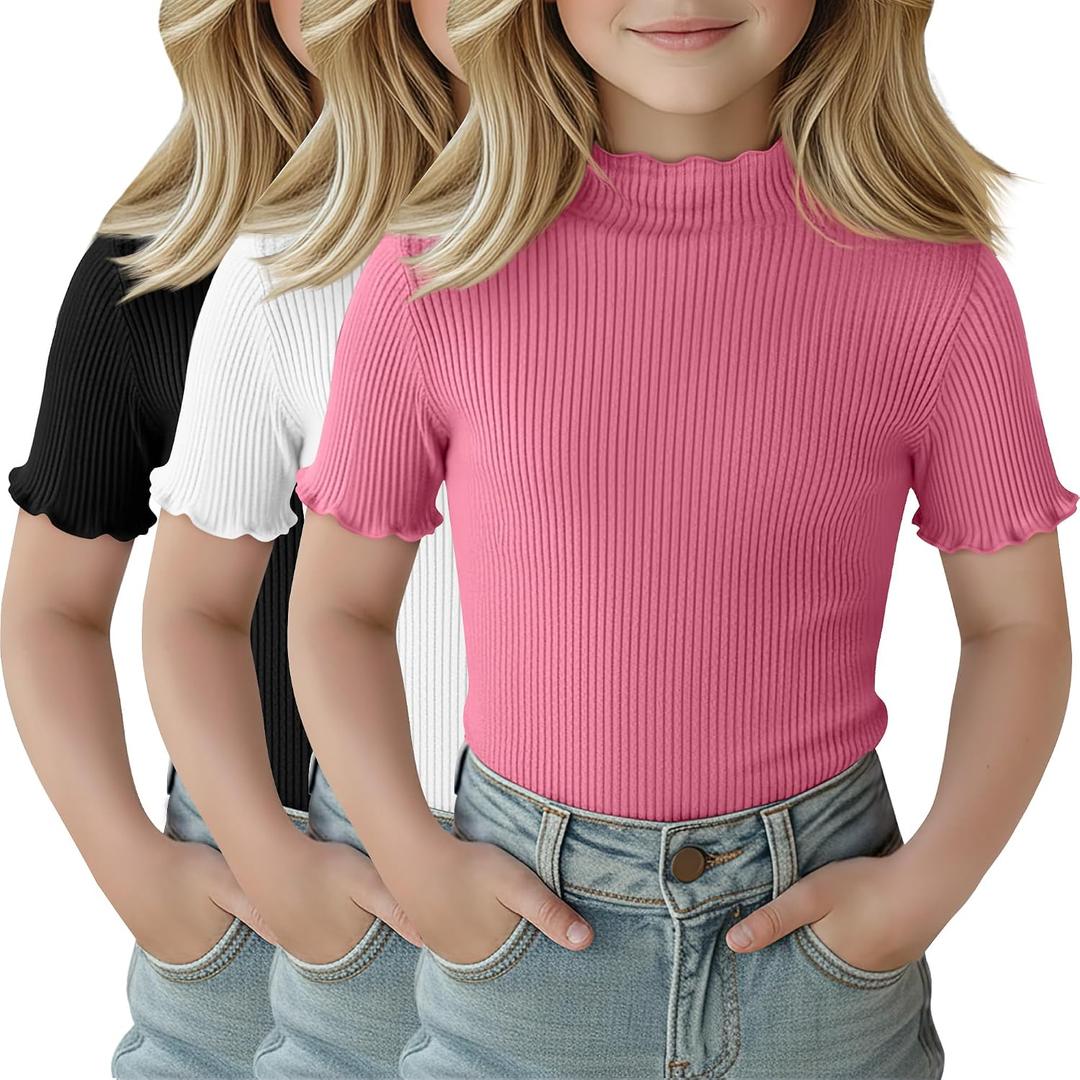 3 Pack Girls Shirts Short Sleeve Mock Turtleneck Cotton Cute Lettuce Trim Summer Tops 5-14Y Kids Clothes