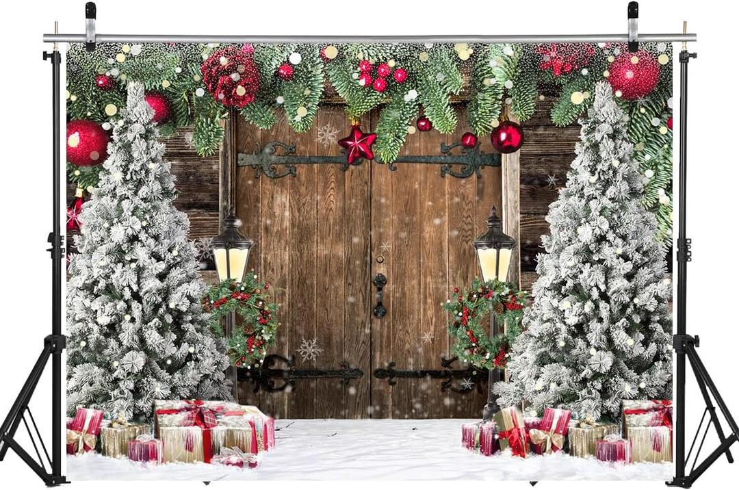 WOLADA Rustic Christmas Backdrop Barn Door Backdrops for Photography Xmas Tree Snow Back Drop 10x8FT 12585