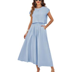 Mingzhu Womens 2 Piece Outfits Skirt Set Summer Casual Cap Sleeve Crop Tops Maxi Dress Sets with Pockets, Medium 