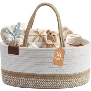 DECOMOMO XL Baby Caddy Organizer, Mother's Day Diaper Caddy Basket, Baskets for Baby Shower Gifts (Spiral Beige & White, Extra Large)