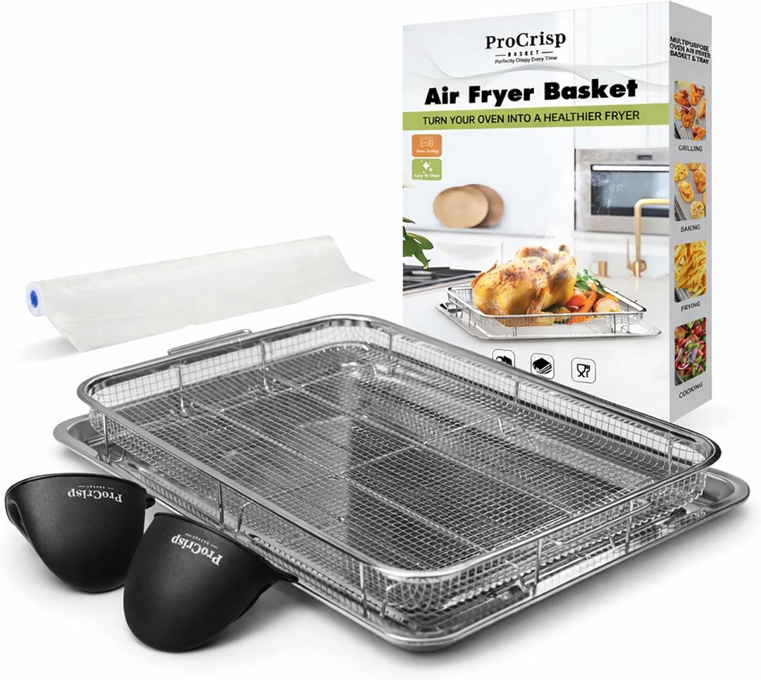 Air Fryer Basket for Oven, Stainless Steel Air Fryer Tray for Oven with Mini Silicon Mitts & Parchment Papers, Oil-Free Healthy Cooking & Baking, Dishwasher Safe