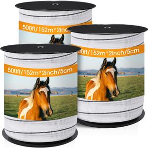 2 Inch x 1500ft/ 457m Electric Fence Tapes with High Visibility 3 Rolls Each 500ft Electric Horse Fence Kit for Horse Livestock