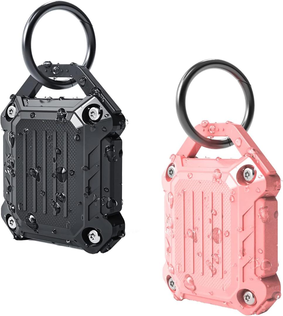 JEANUE-Waterproof Airtag Holder Keychain Case,Compatible Apple Air Tag Tracker with Key Ring, Keys/Dog Collar/Luggage (Pink&black 2pack)