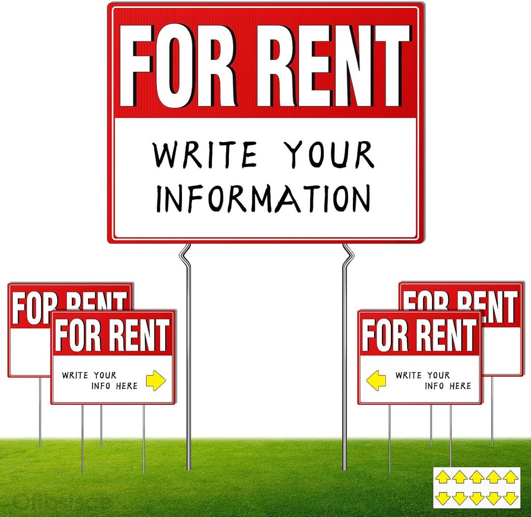 4 Pack For Rent Signs with Stakes, 17x13" Double Sided For Rent Yard Signs, Large Blank Space for Arrows & Info, Weatherproof Landlord Real Estate Lawn Signs