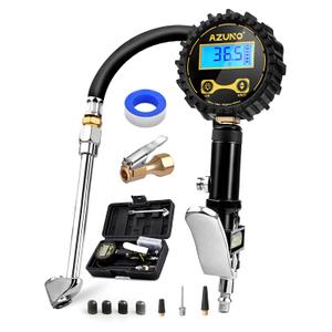 AZUNO Digital Tire Inflator with Pressure Gauge, 200 PSI, Heavy Duty Air Compressor Accessories, with Rubber Hose Lock on Air Chuck and Quick Connect Coupler, Comes with a Portable Carrying Box