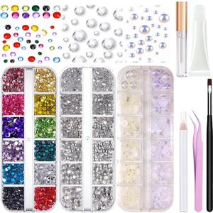 Hair Face Gems Rhinestone with Makeup Glue, Flat Back Colorful Jewels Crystal Rhinestone Half Round AB Pearl Kit, Wax Pencil Tweezer and Brush for Face Eyes Hair Body Makeup
