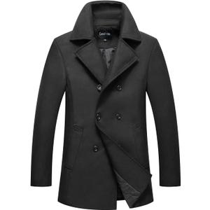 chouyatou Men's Classic Notched Collar Double Breasted Wool Blend Pea Coat (Large, Black)