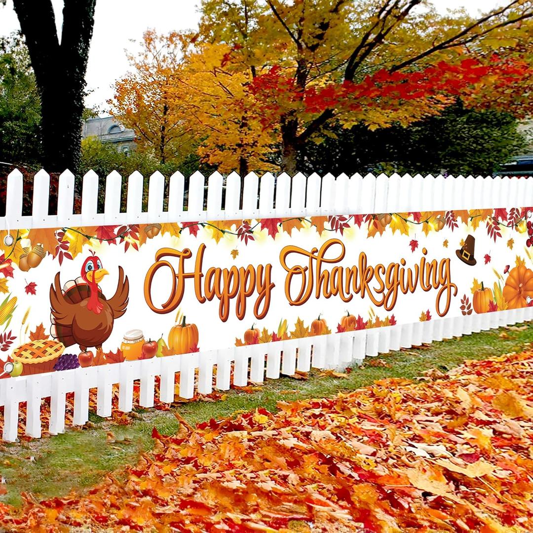 KatchOn, Happy Thanksgiving Banner Outdoor - Xtralarge 120x20 Inch | Yard Banner for Thanksgiving Decorations and Yard Party Decoration | Turkey, Autumn Fall Decorations (White and Red)