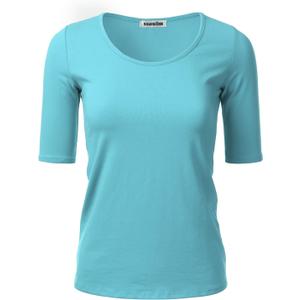 SSOULM Women's 1/2 Sleeve Scoopneck Cotton T-Shirt - Basic Slim Fit Stretch Top (Blue, L)