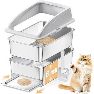 23.6"x15.7"x13.78" Stainless Steel Sifting Litter Box with Lid, XL Sifting Design for Pine Pellets, High Sides Metal Litter Box for Big Cats 7.9in Deep, Easy-to-Clean Removable Drawer Pan (Light Grey)