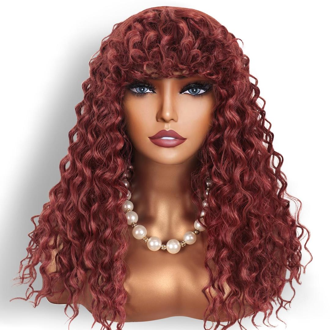 Limerence 20Inch red Long Curly Synthetic Wig for Women - Voluminous & Bouncy Glueless Full Afro Hair Wig With Bangs for Daily Wear, Cosplay, and Parties (bug)