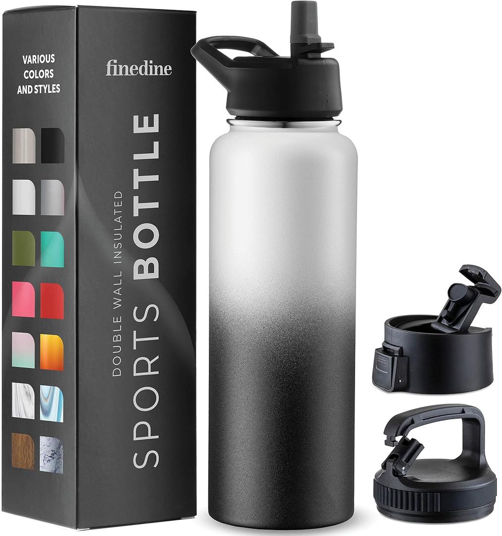 FineDine Water Bottle - Stainless Steel Insulated Water Bottle with Straw Lid, Flip Lid & Wide-Mouth Cap - Keeps Hot and Cold - 40 Oz / 1.18L - Dreamy Black-White