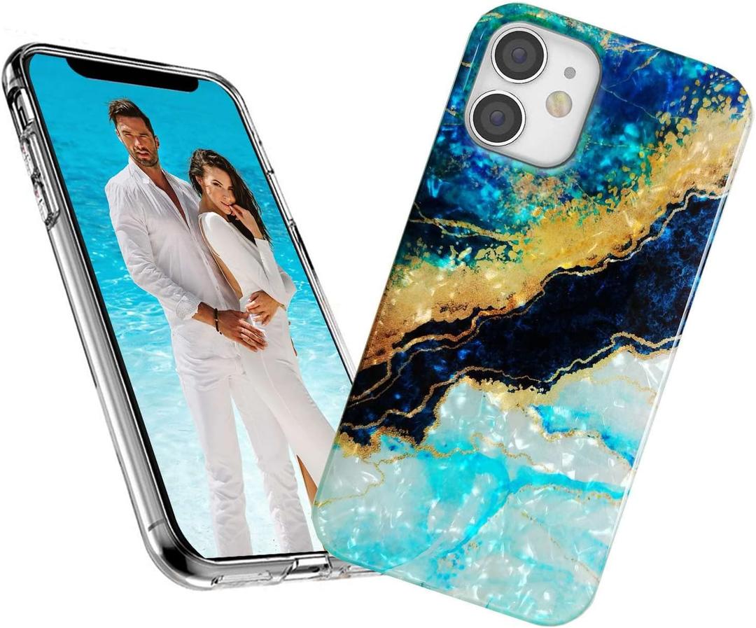 for iPhone 11 Case for Girl Women Men, Glitter Pearly Shell Luster Sparkle Bling Soft TPU Slim Thin Girl Women Protective Phone Case Cover for iPhone 11 6.1,Blue Gold Marble