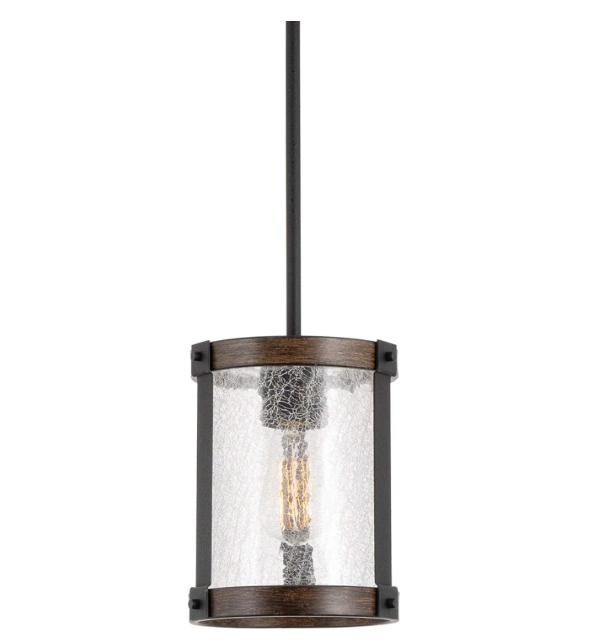 Kira Home Hadley 9" Modern Farmhouse Pendant Light, Crackled Glass Shade, Textured Black + Wood Finish Walnut Finish