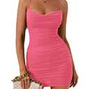 KUTUMAI Women's Ruched Bodycon Mini Dress Summer Spaghetti Strap Party Club Dresses HotPink, XS