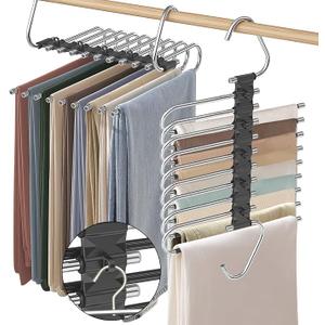 Upgrade 9 Layers Pants Hangers Space Saving, 2 Pack Non Slip Stainless Steel Multifunctional Pants Rack Closet Pant Hanger Organizer with Hooks for Pants Jeans Trousers Dorm Room Essentials, Black