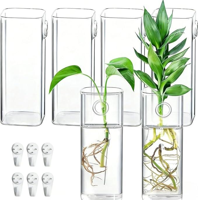 6 Pcs Glass Wall Mounted Planters, Hanging Glass Tubes Flower Vase, Wall Vase for Plants Indoor, Propagation Wall Planter Container for Hydroponics Plants, Garden Wedding Decor