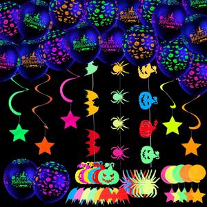 Sumind Neon Halloween Decorations Glow in the Dark Party Favors Ghost Balloons Neon Garlands with Pumpkin Spider Bat Star Swirl Hanging for Halloween Glow Pool Birthday Party Supplies